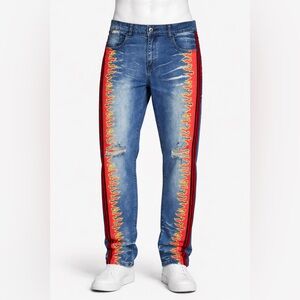 RARE Men’s BIEPA Jeans Size 38 Flames Side Striped Distressed Japanese Punk Wear